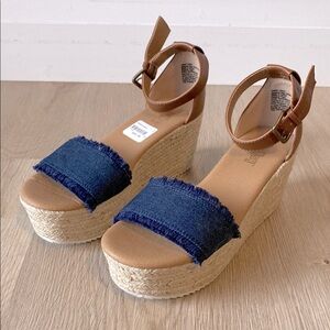 Womens Blue Denim and Brown Wedge Sandals